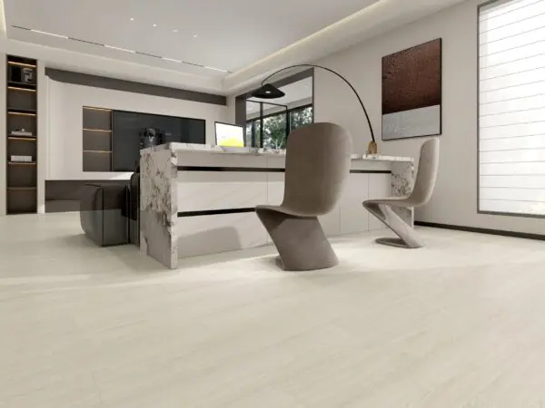 Narvik Grey LVT flooring — cool grey oak wood-effect vinyl in a modern kitchen