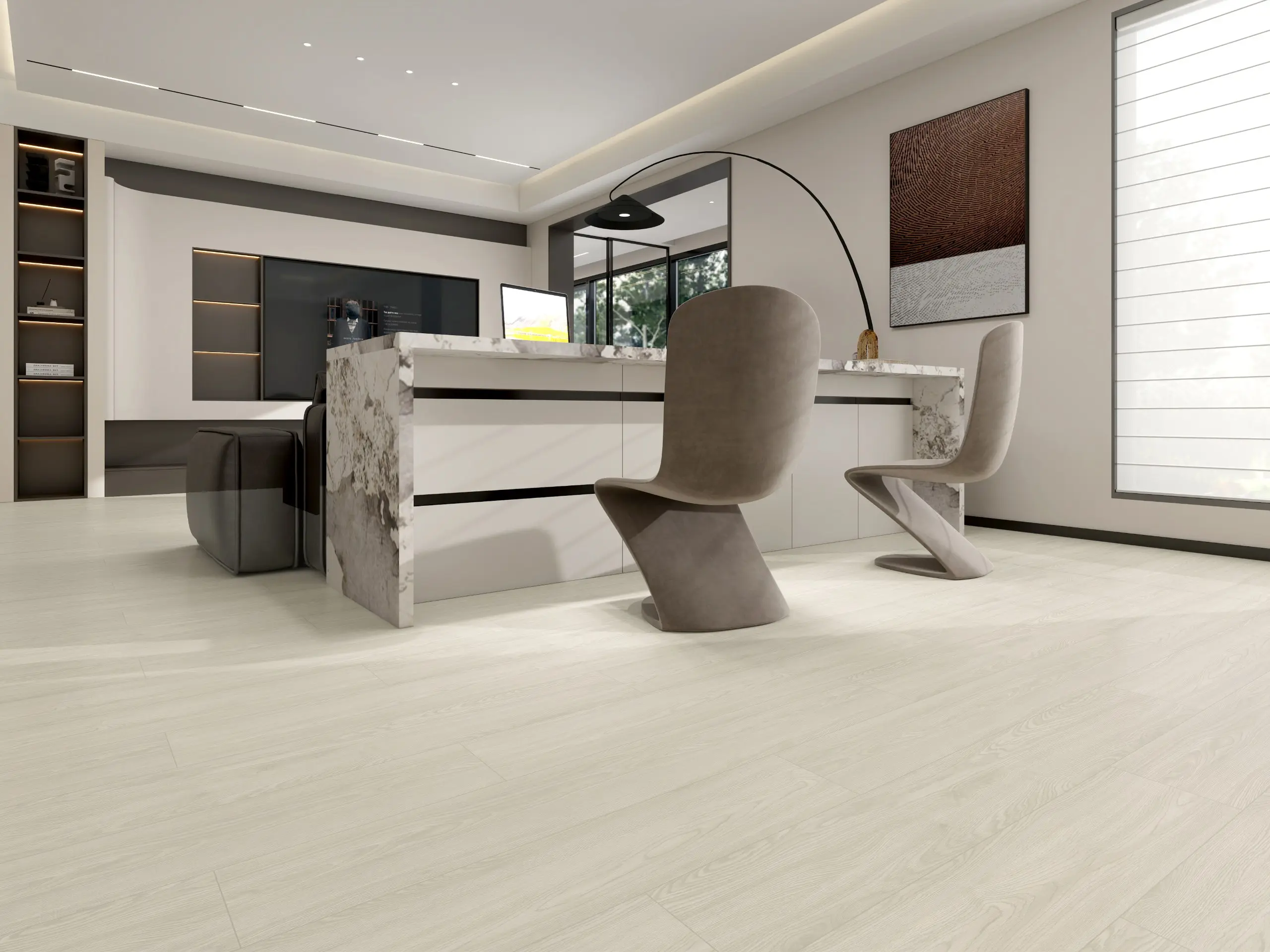 Narvik Grey LVT flooring — cool grey oak wood-effect vinyl in a modern kitchen