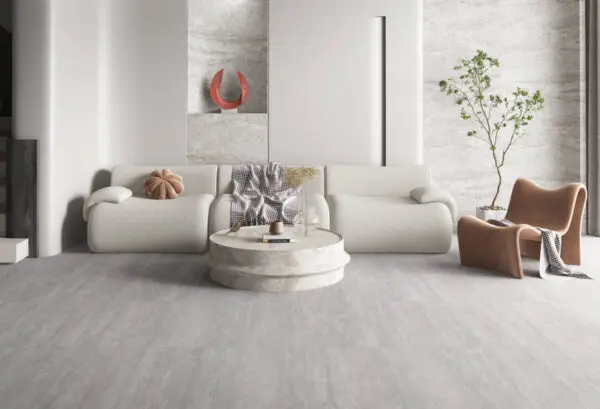 Travertino stone-effect LVT flooring in a room setting