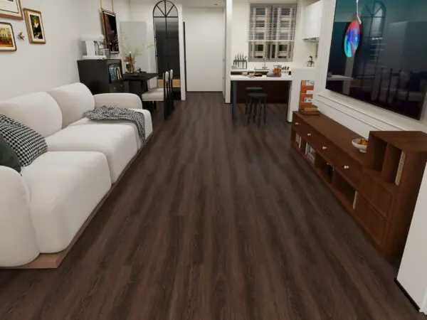 Coffee Walnut SPC click flooring in an open-plan living room